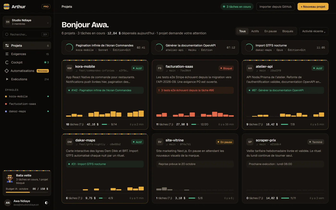 Dashboard Arthur — vue des projets